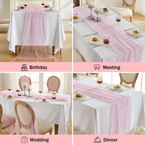 Fanami 1 Pack Pearl Table Runner -10FT Blush Pink Boho Tulle Table Runners 120 Inches Long Rustic Sheer Lace Fabric Centerpieces for Wedding Arch Birthday Party Bridal Veil Baby Shower Decorations