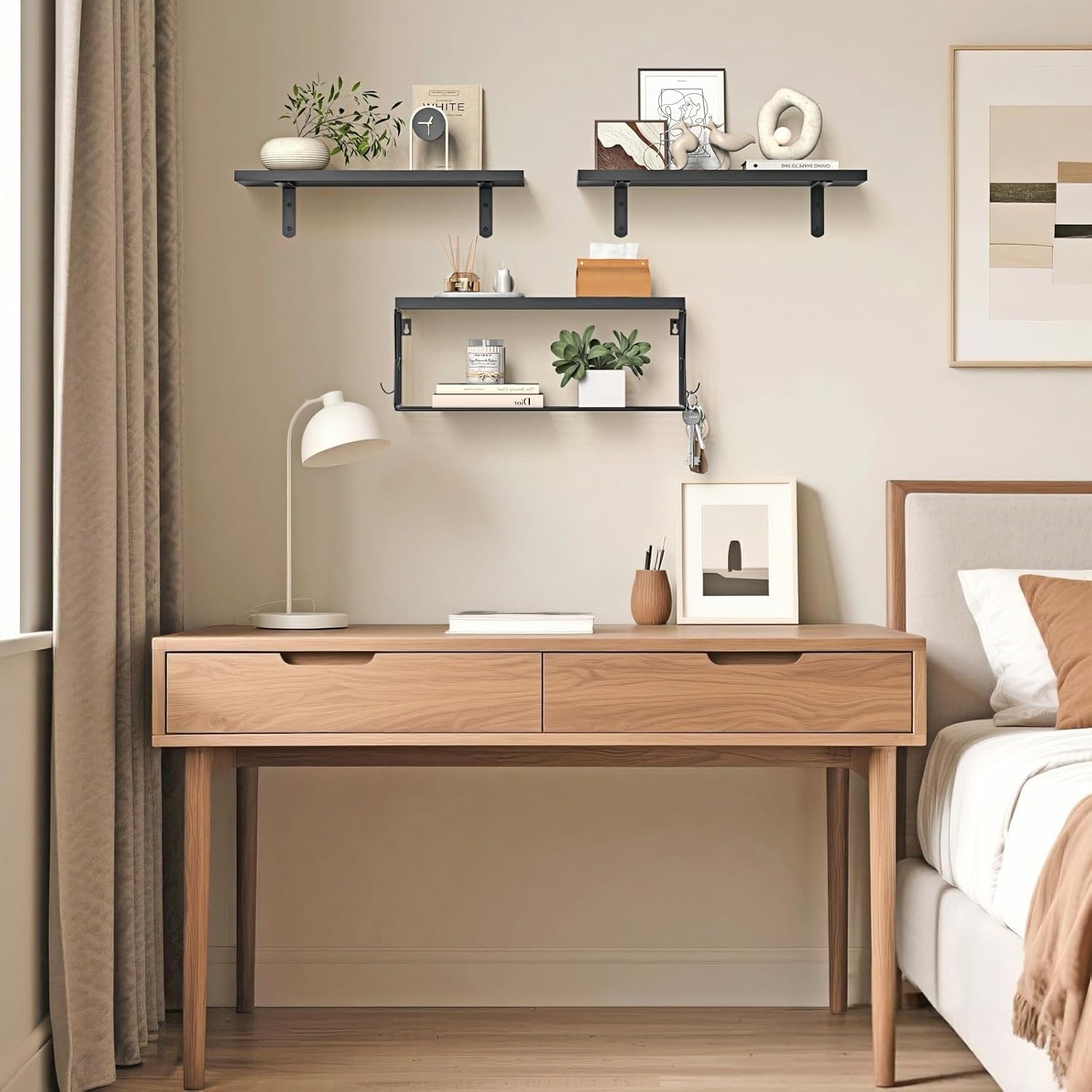 Skiennix Floating Bathroom Shelves - Modern Wall-Mounted Wooden Shelf Set of 3 for Stylish Storage - Black