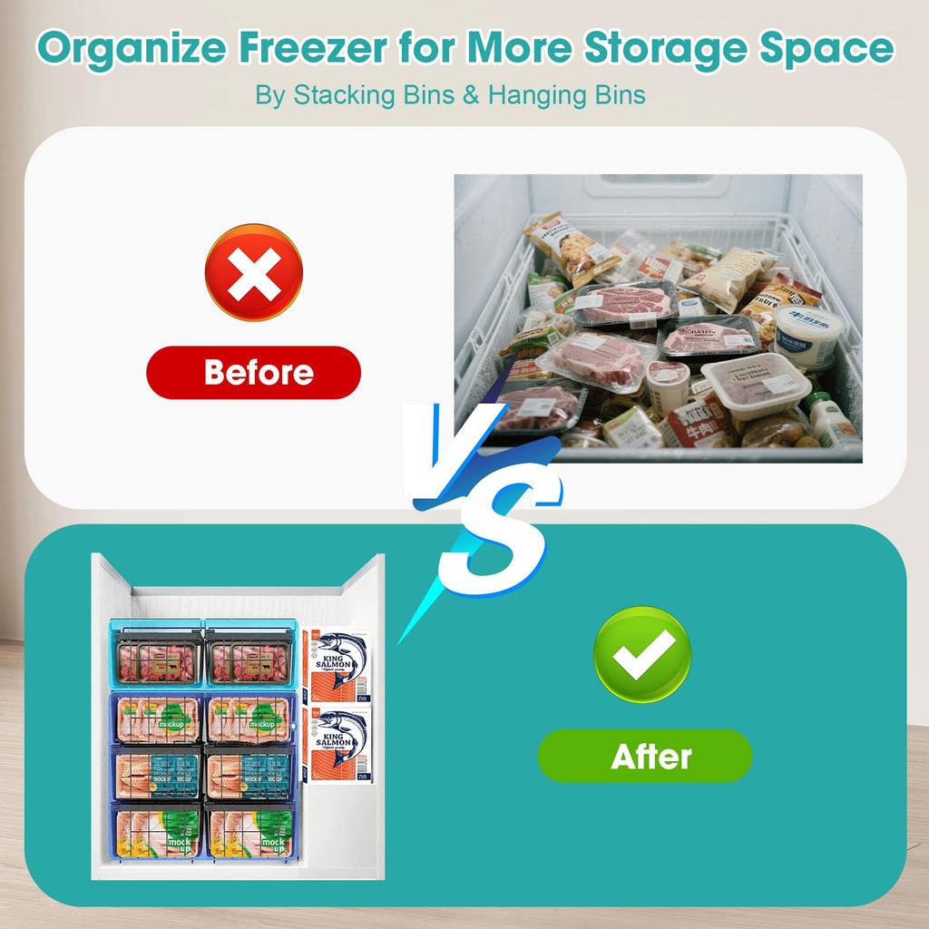 Freezer Organizer Bins, 2 Pack Expandable Stackable Chest Freezer Containers with Hanging Handles, Adjustable From 14.6" to 24.8" Storage Baskets for Fridge, Deep Freezer, Cabinet, Kitchen, Pantry