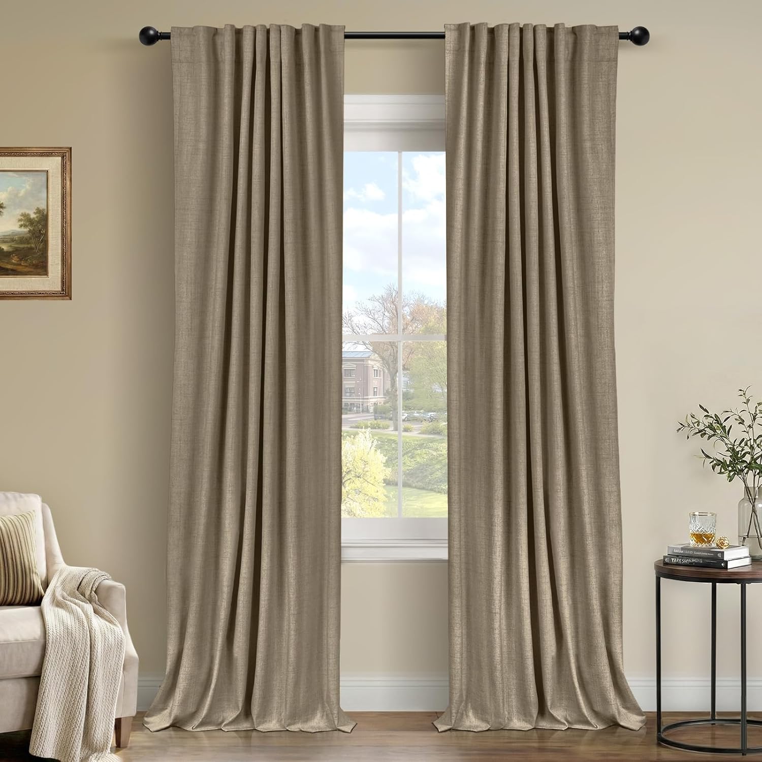 Plaza Taupe 100% Blackout Curtains - Thermal Insulated Linen Drapes, 50" W x 90" L, 2 Panels Set