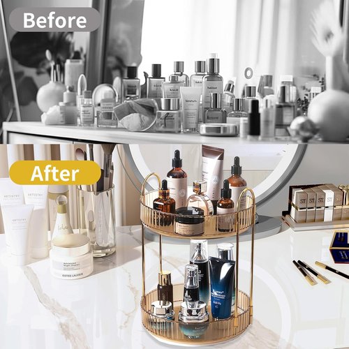 Asayuee 360 Rotating Gold Makeup Organizer - Large Capacity 2-Tier Skincare & Cosmetics Storage