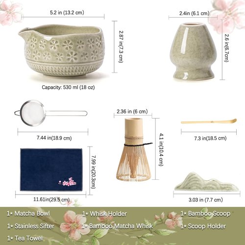 Buucup Matcha Whisk Set - Complete 7-Piece Ceramic Kit with Bowl, Whisk, Bamboo Scoop & More | Mottled Green