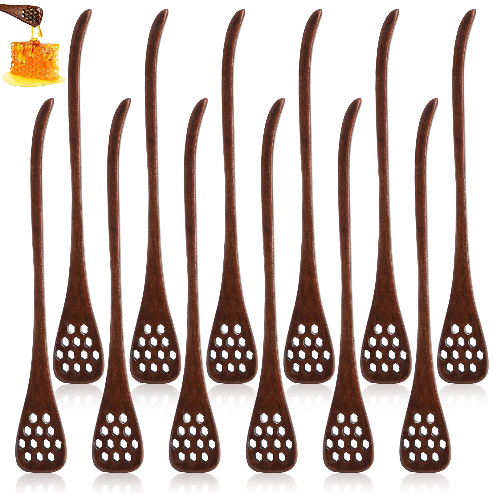 Cididu 12 Pack Wood Honey Dipper, Honey Spoon Sticks, Honey Mixing Stirrers for Tea Coffee, Honey Comb Sticks with Long Handle, Reusable Honey Wand Syrup Dippers for Home Kitchen Party, Food Safe, 7''