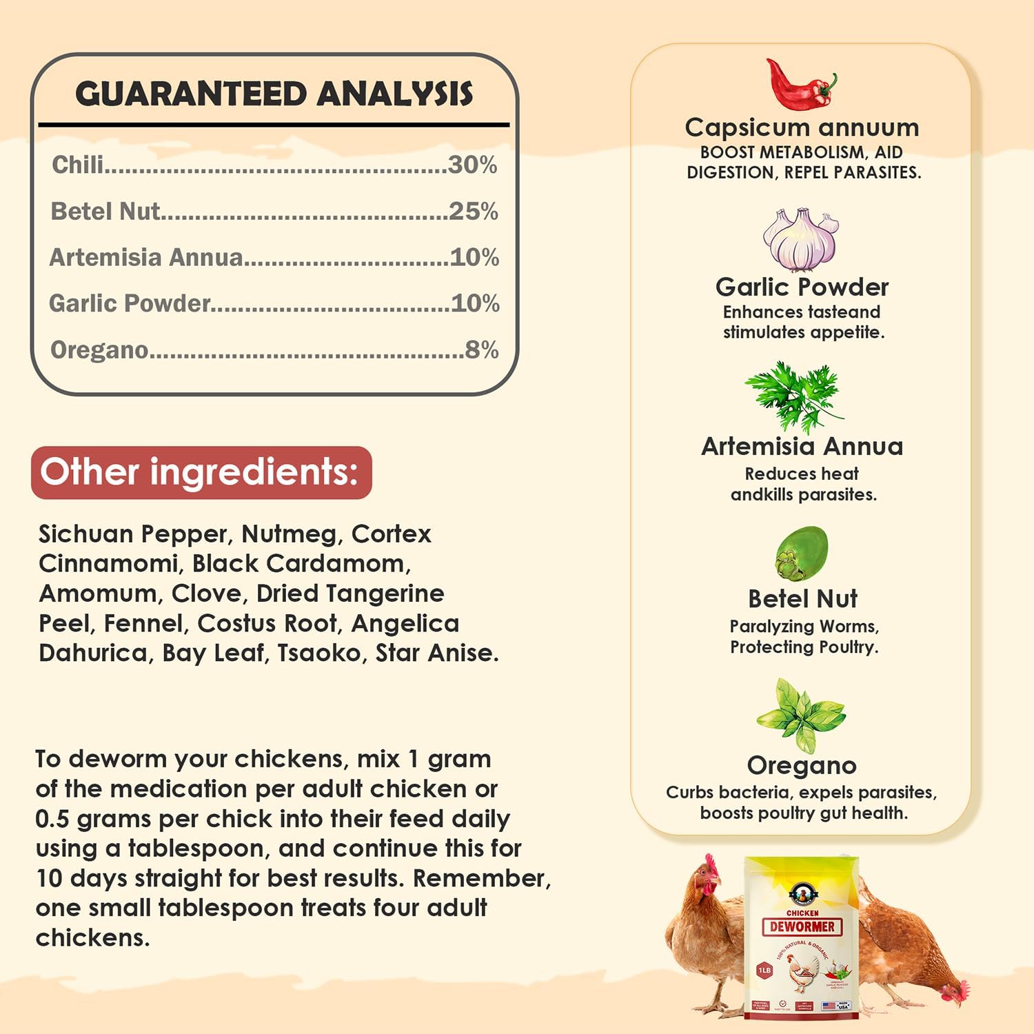 Natural Chicken Dewormer Powder - Chili Mix Formula | 1LB XL Pouch for Laying Hens & Gut Health