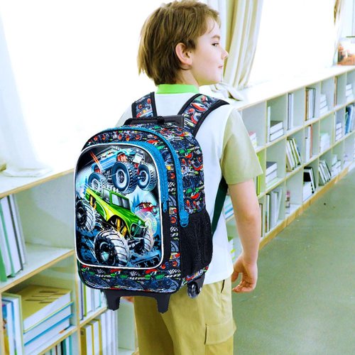 CCJPX 3PCS Truck Rolling Backpack for Boys, Kids Roller Wheels School Bookbag Set, Cars Travel Wheeled School Bag for Toddler Elementary Children-Blue