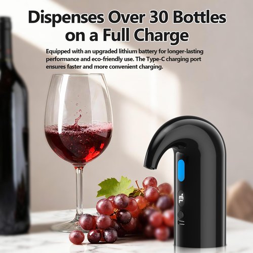 Electric Wine Aerator & Decanter Pump – Quiet Dual-Pump Aeration, Measured Pouring, Temp Display & USB Rechargeable System – Professional Wine Tool for Home Bars (Black)