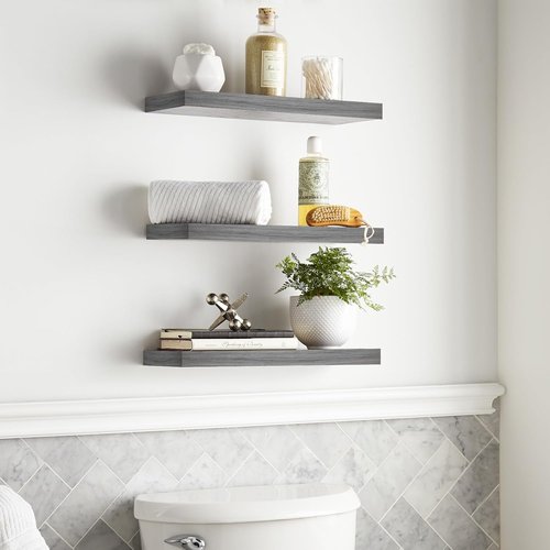 BAYKA Floating Shelves - Rustic Wall-Mounted Wood Shelves for Home Decor | Set of 3, 15.7in, Grey, 22lbs Capacity