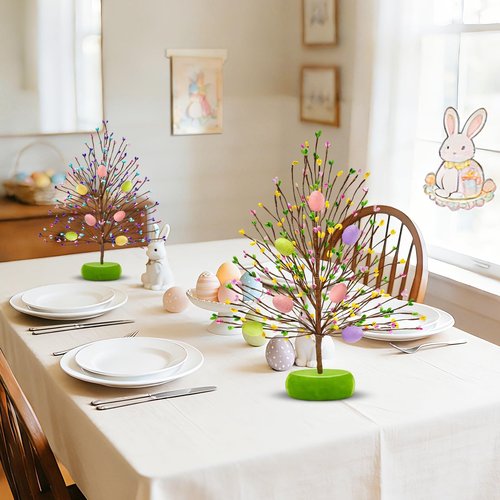 TURNMEON Easter Decorations 2 Pack Easter Tree with 14 Pastel Eggs Ornaments and Floral Berry Blossom, 15'' Tabletop Artificial Tree Easter Decor for Spring Party Table Centerpiece Room Home