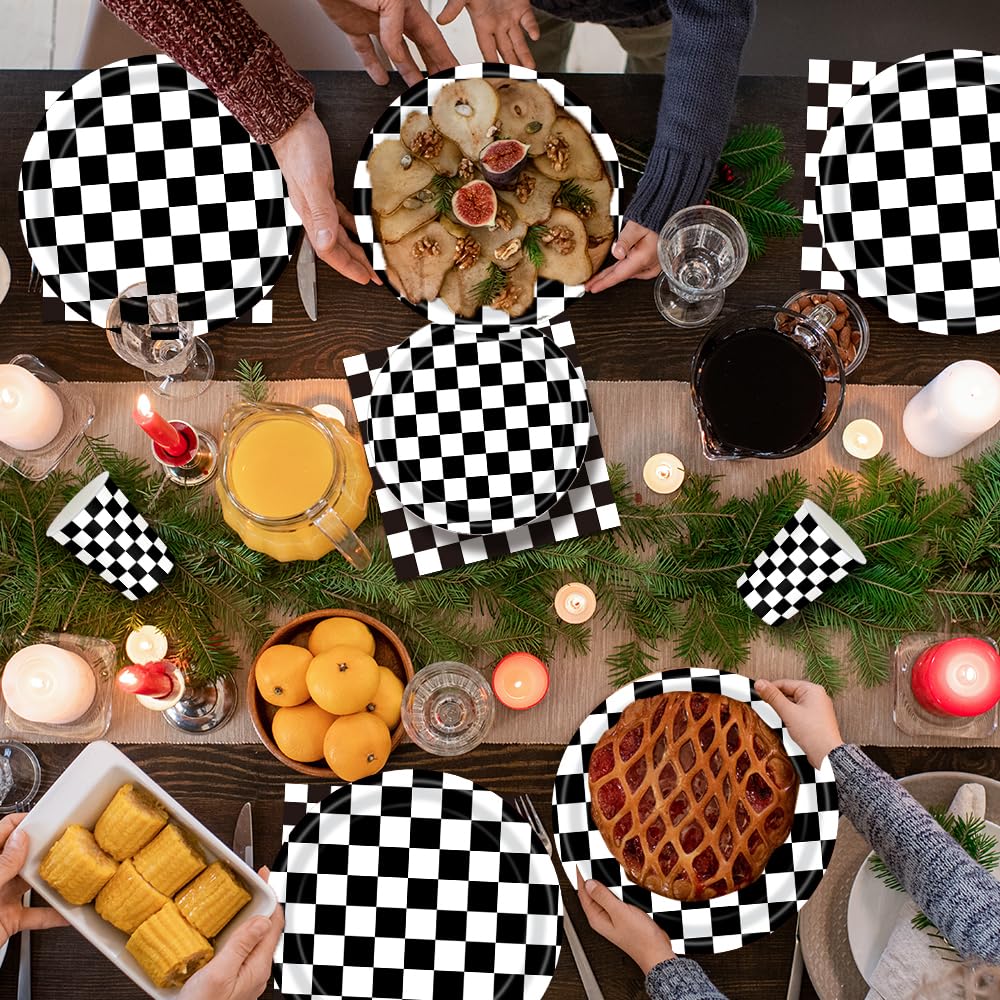 170 Pcs Race Car Birthday Party Decorations Black and White Checkered Plates and Napkins, Checkered Party Supplies Serves 24