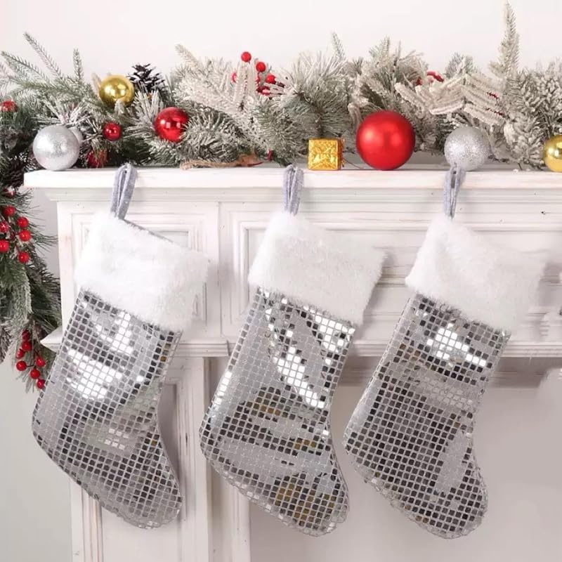 3 Pack Disco Christmas Stockings 15x8.6 In. Sequin Holiday Stockings