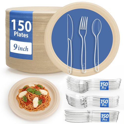 9 Inch Heavy Duty Disposable Plates and Plastic Silverware Set-600 PCS Include Compostable Paper Plates,Plastic Forks,Spoons,Knives (150 Each),BPA-Free,Suitable for Wedding,Holiday,Party,Catering