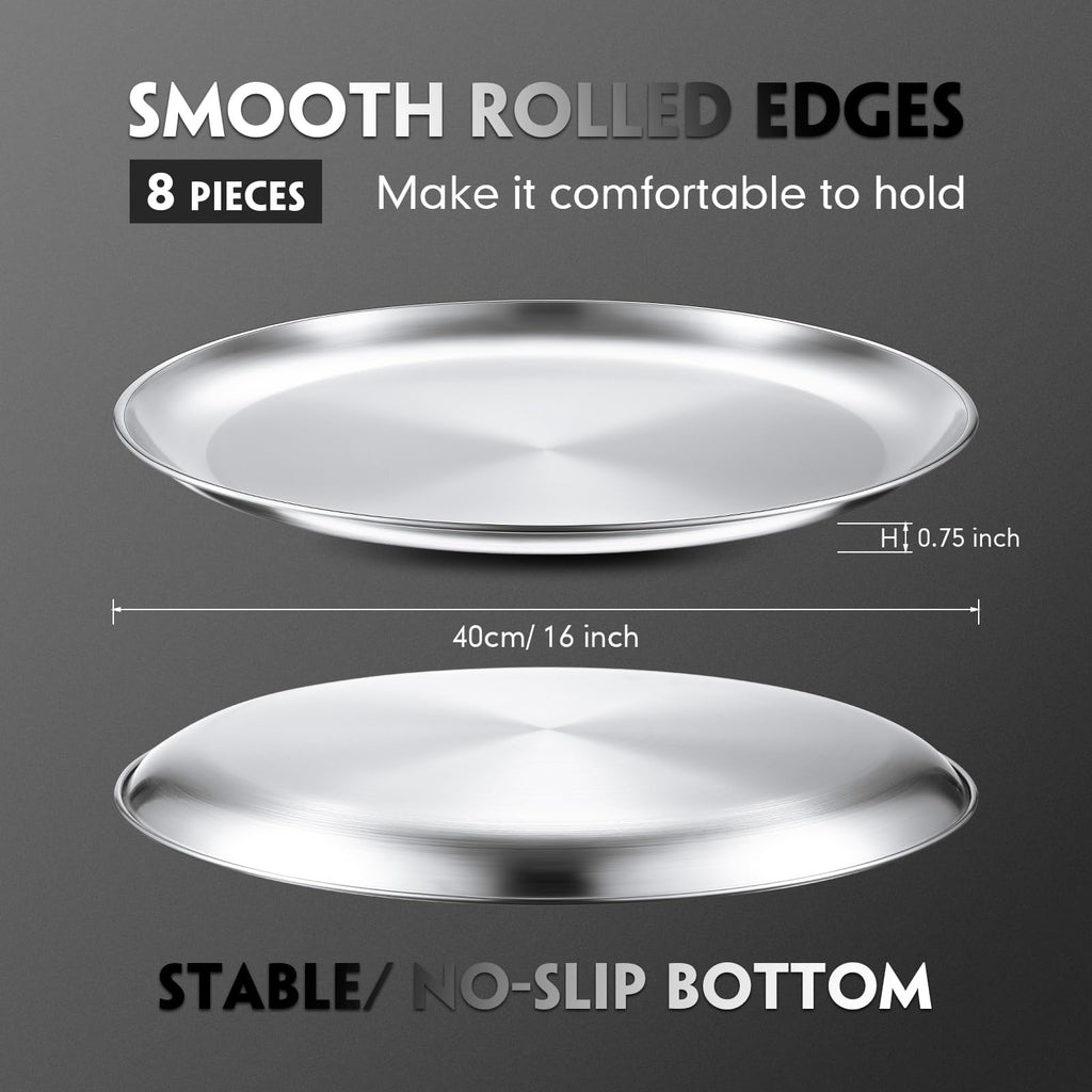 Thenshop 8 Pieces 16 Inch Pizza Pans Bulk Stainless Steel Sets Round Bakeware Pizza Trays for Oven Kitchen Baking Home Restaurant Safe Sturdy Reusable Easy Clean(Matte Silver)
