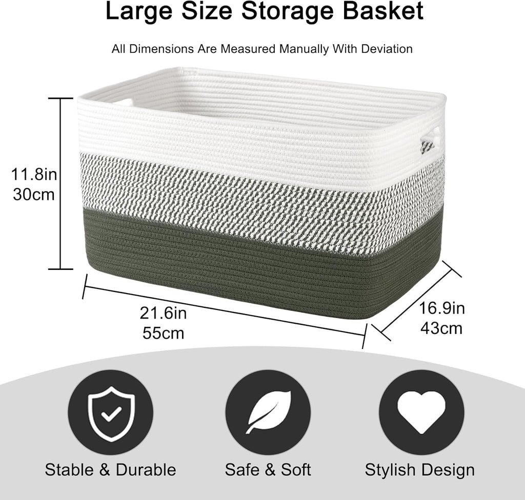 OIAHOMY Large Woven Blanket Basket - 22”x17”x12” Rectangle Storage for Nursery & Living Room | Green/White
