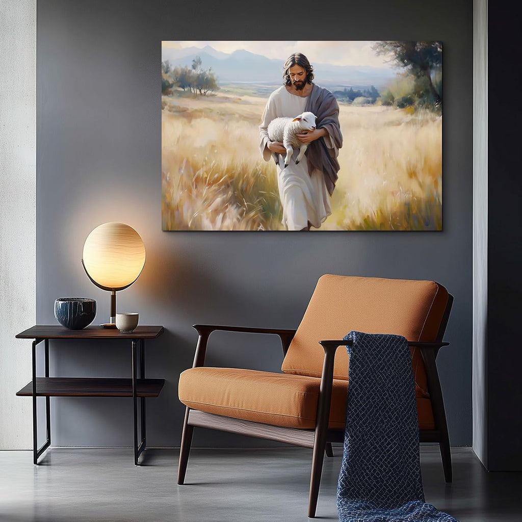 Wewejia Jesus and Lamb Canvas Wall Art - Large 46x32 Inch Religious Faith Print for Home Decor