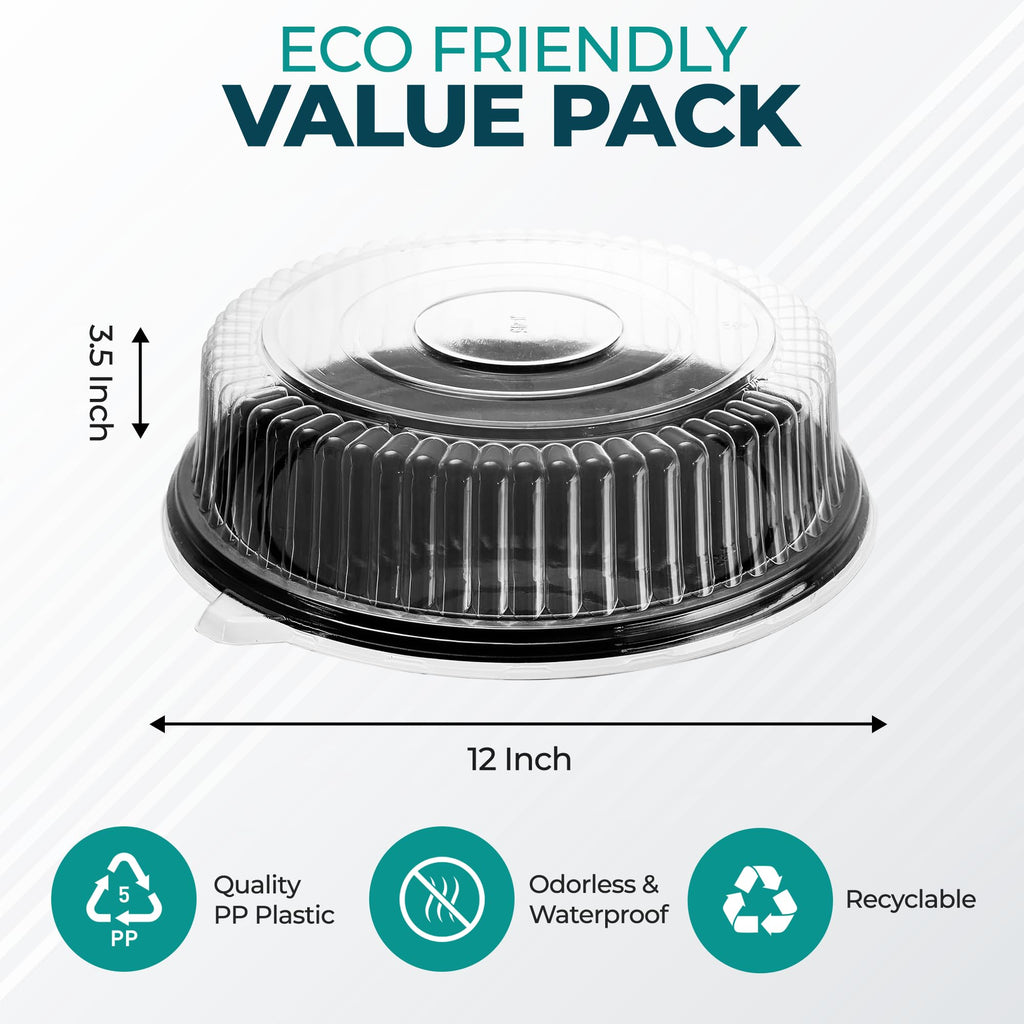 12" Catering Trays With Lids [3 Pack] - Black Serving Tray, Clear Lid, Plastic Disposable Round Party Platters, Flan Containers, Dessert Sandwich Cookie Food Trays for Parties