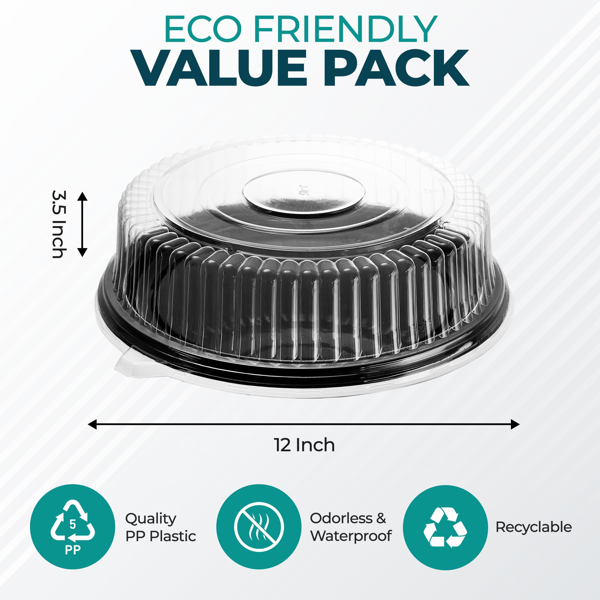 12" Catering Trays With Lids [3 Pack] - Black Serving Tray, Clear Lid, Plastic Disposable Round Party Platters, Flan Containers, Dessert Sandwich Cookie Food Trays for Parties
