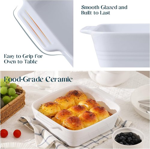 DOWAN 8x8 Baking Dish - Ceramic Casserole Pan with Handle | 2 Quart for Lasagna & Brownies - Bright White