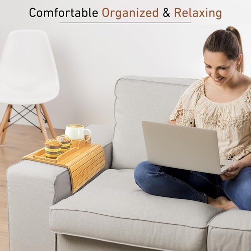 Yoshiky Bamboo Couch Armrest Table, Couch Arm Tray with Removable Couch Cup Holder, 2 in 1 Design Foldable Anti-Slip Bamboo Couch Tray and Sofa Cup Holder for Drink