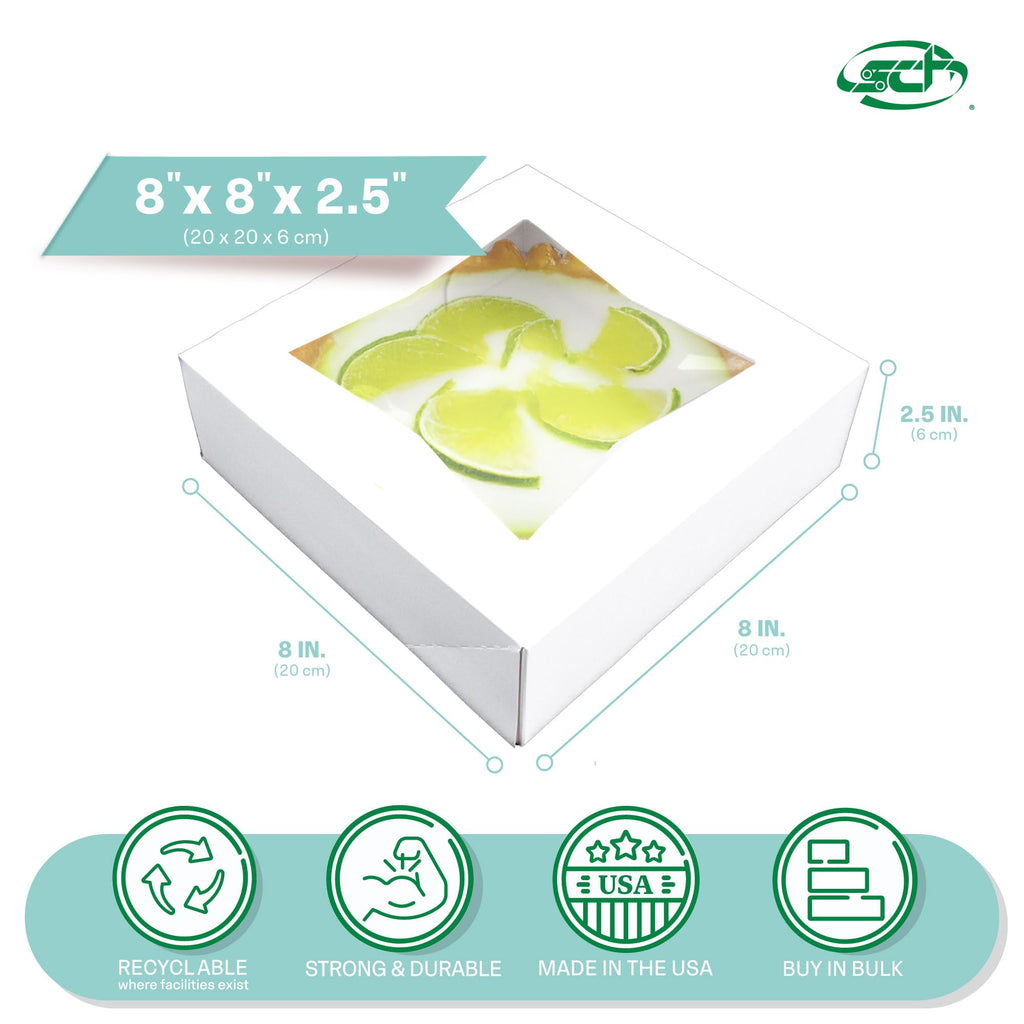 SCT White Window Bakery Boxes with Attached Flip Top, 4-Corner Beers Design, 8 x 8 x 2.5, White, Paper, 200/Carton