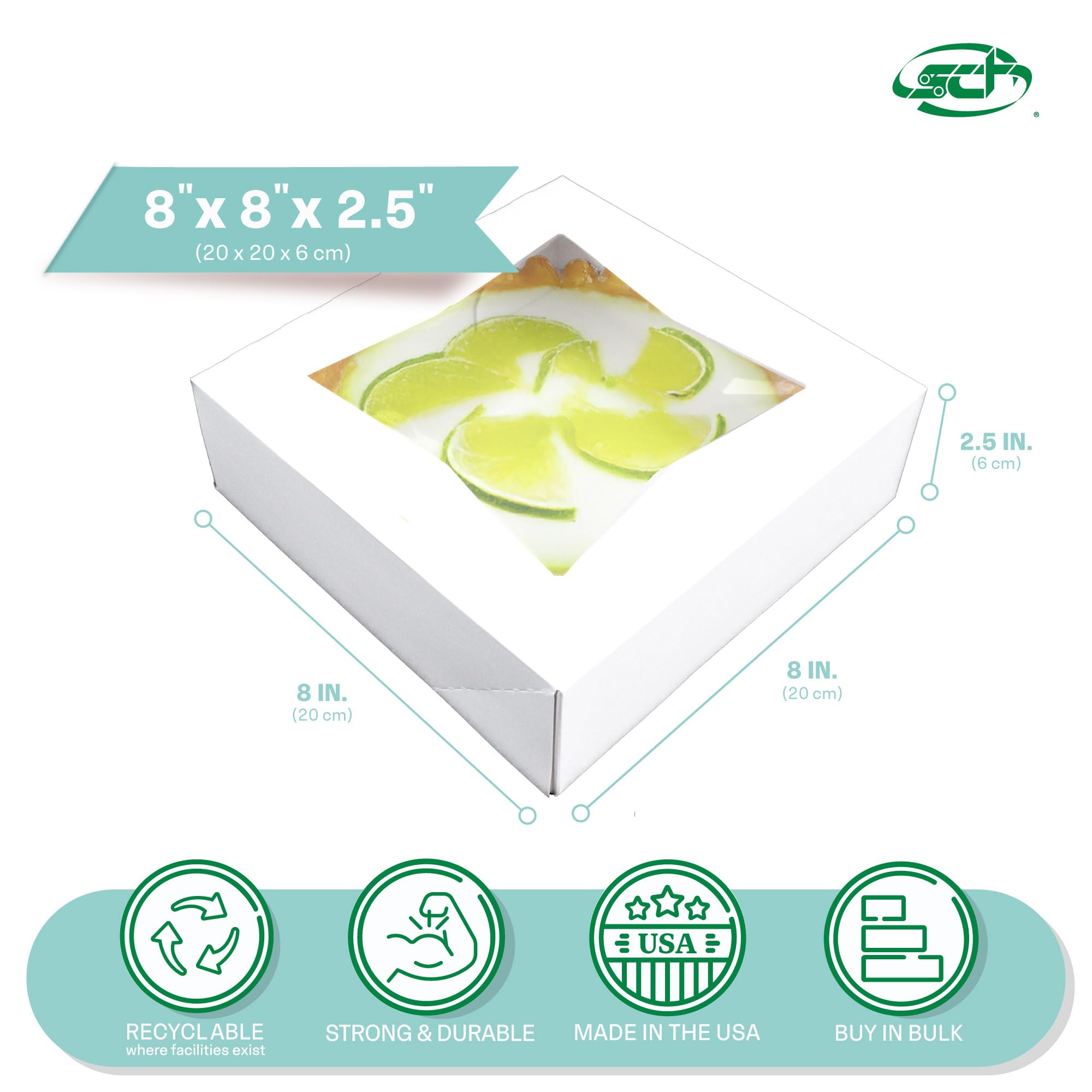 SCT White Window Bakery Boxes with Attached Flip Top, 4-Corner Beers Design, 8 x 8 x 2.5, White, Paper, 200/Carton