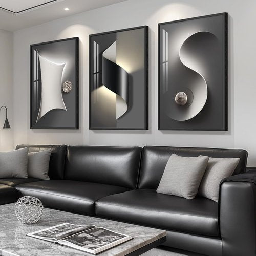 Framed Modern Black and White Abstract Wall Art - Large 3-Piece Luxury Prints for Living Room | 24x36 In