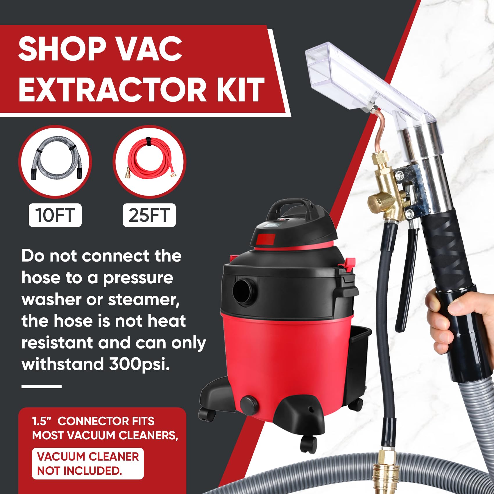 Shop Vac Extractor Kit, Universal Extractor Hose Kit for Shop Vac, Extractor Vacuum Attachment With 25FT Water Line and 10 FT Vacuum Hose & Adapter for Carpet Cleaning