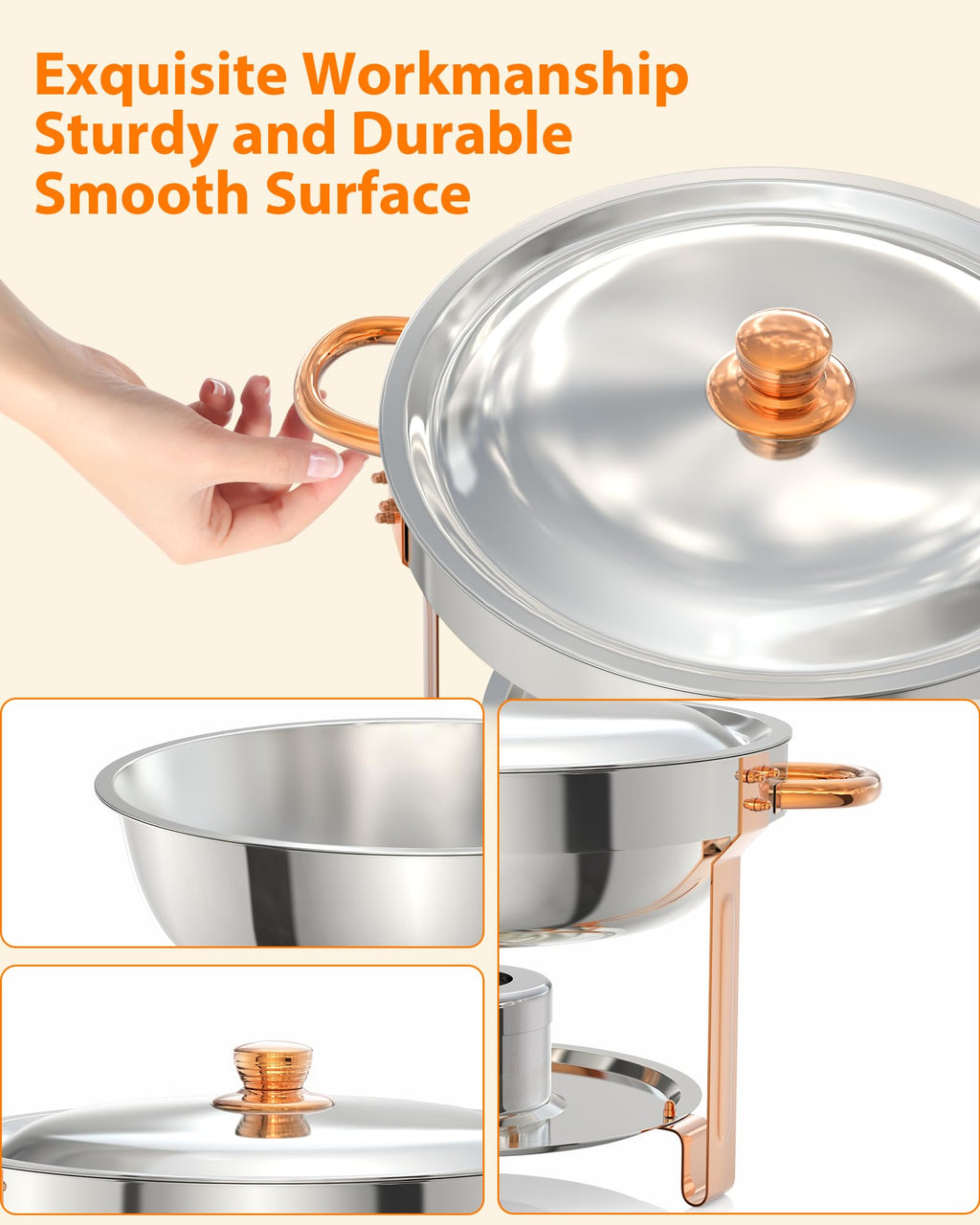 Chafing Dish for Buffet 2 Pack, 5 QT Round Chafing Dishes Buffet Set w/Lid Holder, Stainless Steel Chafers and Food Warmers with Spoon and Tweezers for Parties, Weddings, Events, Banquet, Rose Gold