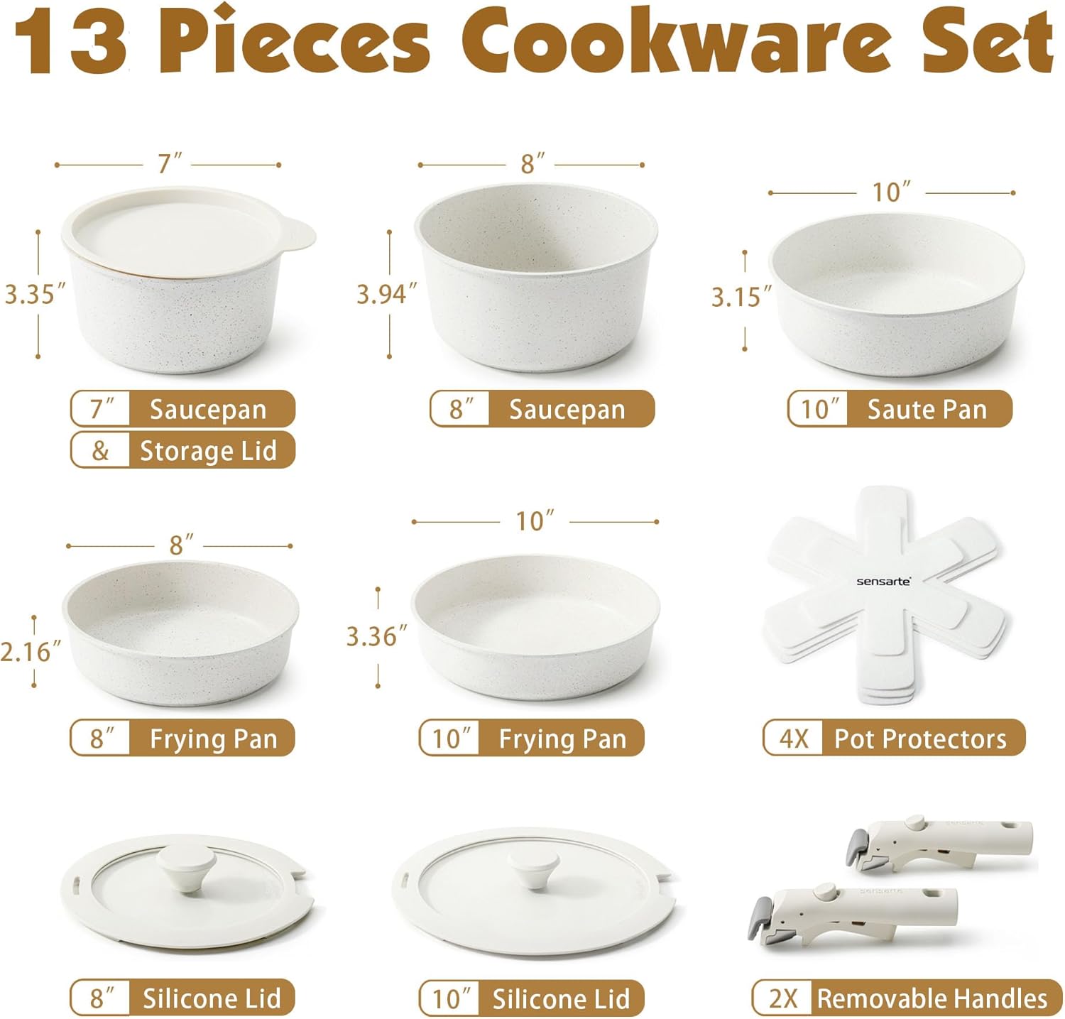 SENSARTE 13-Piece Nonstick Cookware Set - Detachable Handle, Induction Compatible, Dishwasher & Oven Safe (White)