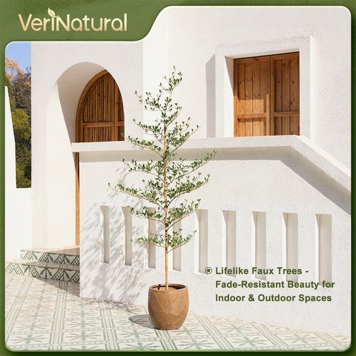 Verinatural Artificial Black Olive Tree 7FT Indoor Outdoor Decor Faux Plants - Real Wood Trunk Fake Tree with Green UV Resistant Leaves - Tall Floor Plant for Modern Home Office Living Room Decoration