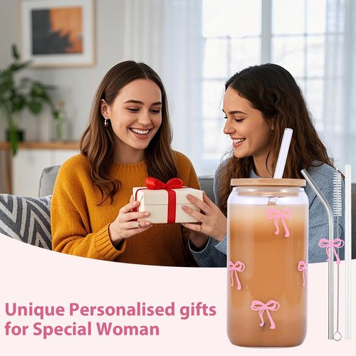 GLECTG Cute Pink Bow Glass Cups with Lids & Straws, Aesthetic Iced Coffee Cup, Girly Preppy Design Tumbler Mug, Birthday Valentine Gifts for Women, Teen Girl Gifts Trendy Stuff