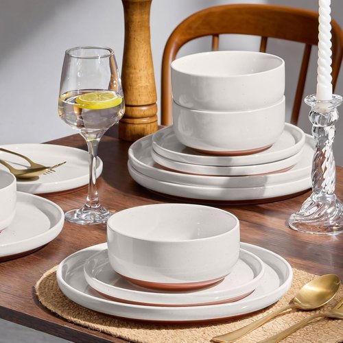 E-far 12-Piece Stoneware Dinnerware Set - Chip & Scratch Resistant, Microwave & Dishwasher Safe, Speckled White for 4