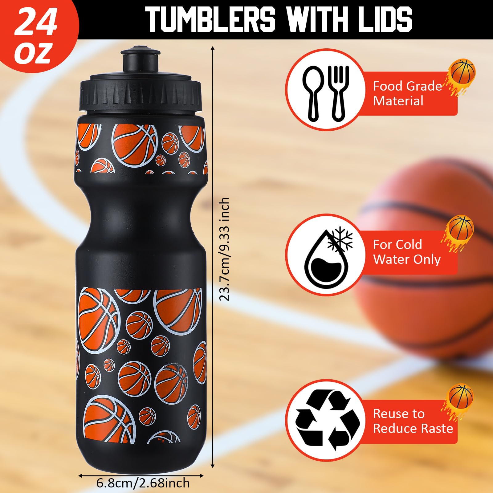 Hosuly 24 Pcs 24 oz Basketball Water Bottle Bulk and Drawstring Bag Set 12 Reusable Plastic Biking Water Bottle Tumbler 12 Sport Gym Goodie Gift Bag for Party Favor (Orange, Black)