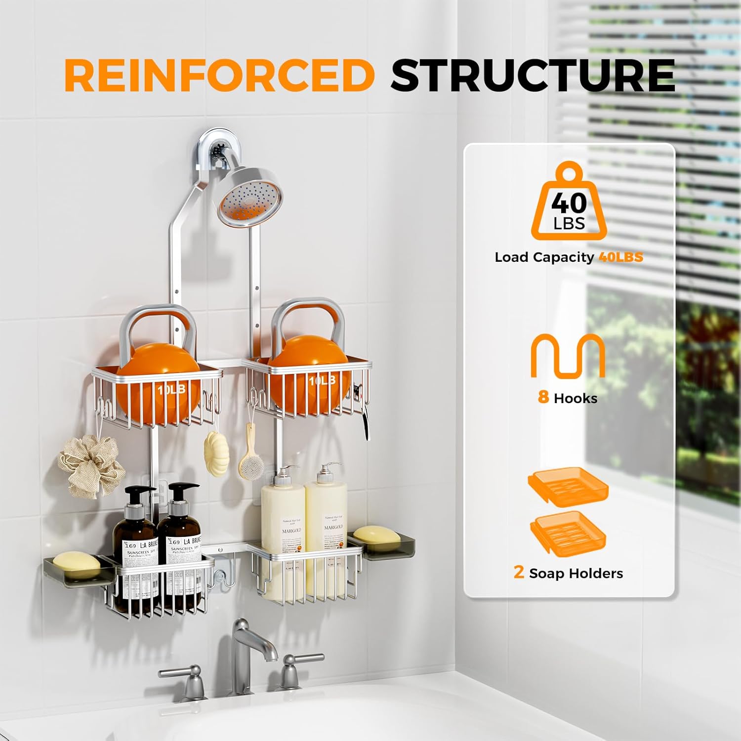 Reinhardt Aluminum Shower Caddy - Rustproof Adjustable Hanging Organizer with Hooks | Silver Finish