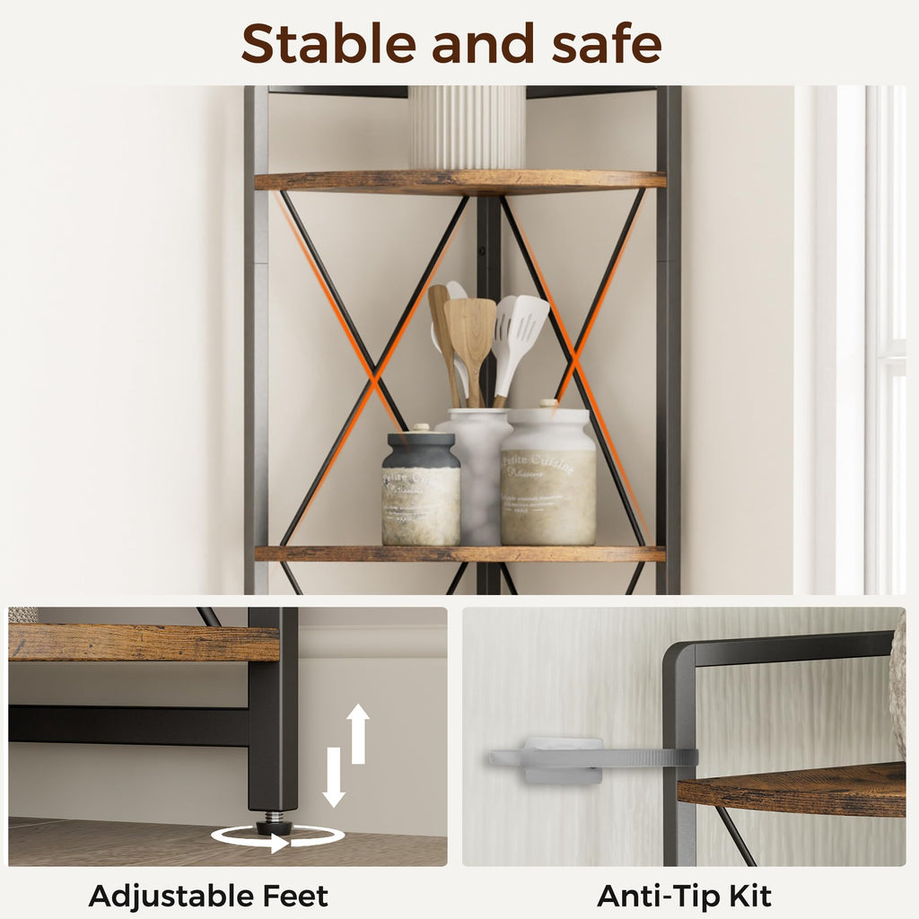 Cerlyunzan 6 Tier Corner Shelf Stand, 78" H Tall Industrial Corner Bookshelf for Living Room Decor, Metal Corner Shelf, Plant Stand Display Shelf for Bedroom, Bathroom, Small Space, Rustic Brown