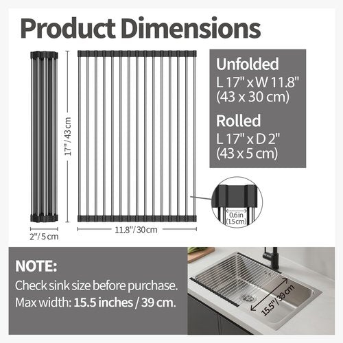 Yohslqo Dish Drying Rack with Roll Up and Over Sink for Kitchen 17"X11.8" (Black 17"x11.8")