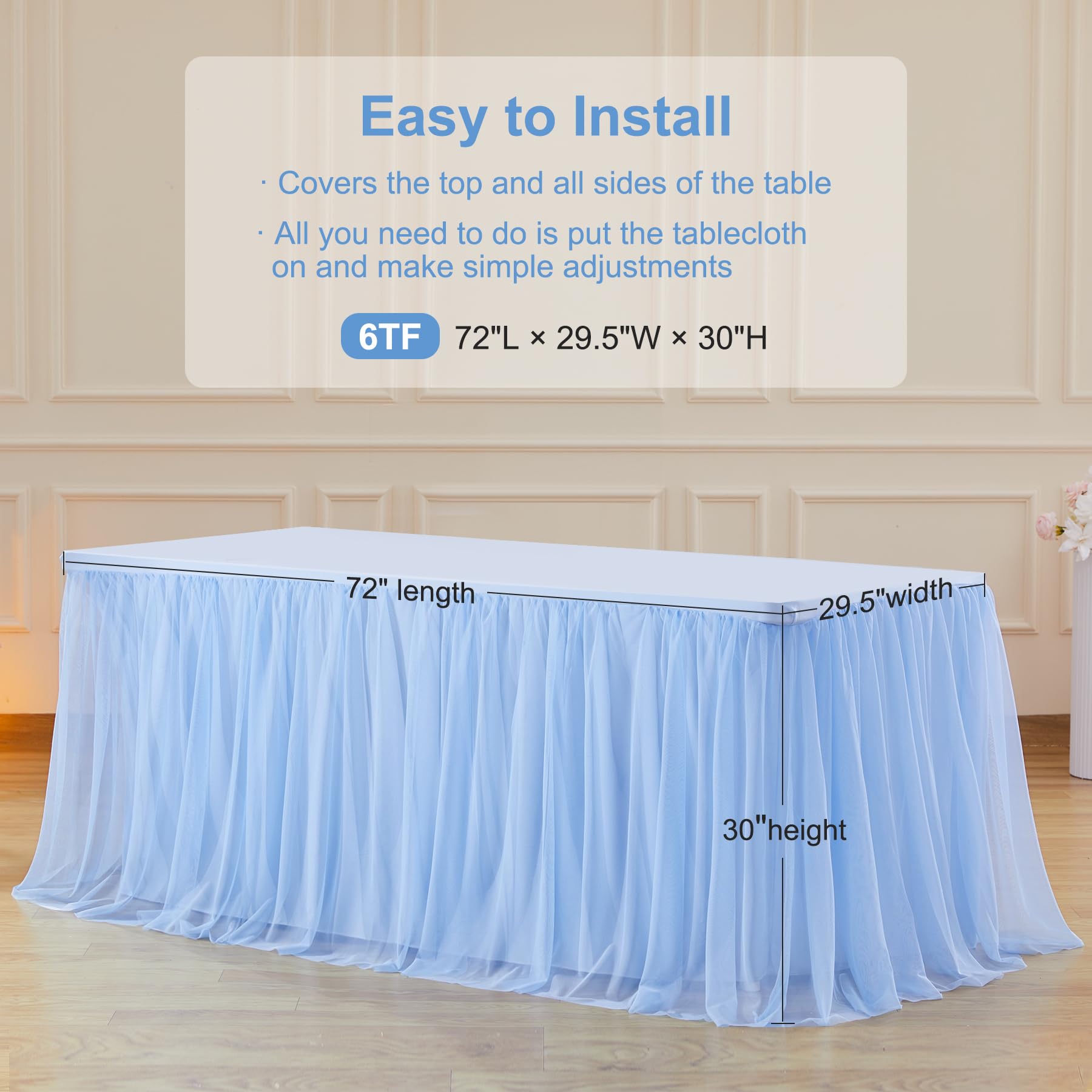 HB HBB MAGIC Baby Blue Tablecloths 8 Foot Rectangle Tulle Table Skirt Rectangle Tables 8ft Fitted Spandex Table Covers Light Blue Tablecloth