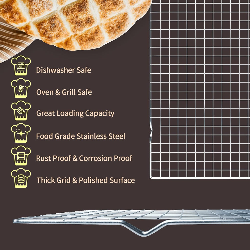 Skiennix Cooling Rack for Baking - 2-Pack, 16x10 Inches, Oven Safe, Thick Wire Design, Silver