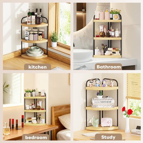 Abiglifty Corner Bathroom Counter Organizer, No Drill 3-Tier Corner Shelf Bathroom Counter, Space-Saving Countertop Organizer, Corner Counter, Vanity Organizers (Wood Grain)