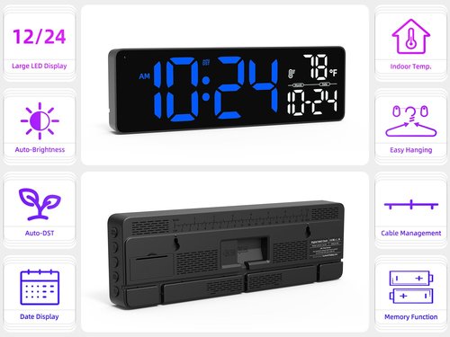 Large LED Digital Wall Clock with Date, Temperature, Auto-Brightness, Auto-DST | Big Digital Clock for Bedroom, Desk, Classroom, Living Room, Kitchen, Office, Gym, Farmhouse, Xmas Gift for Seniors