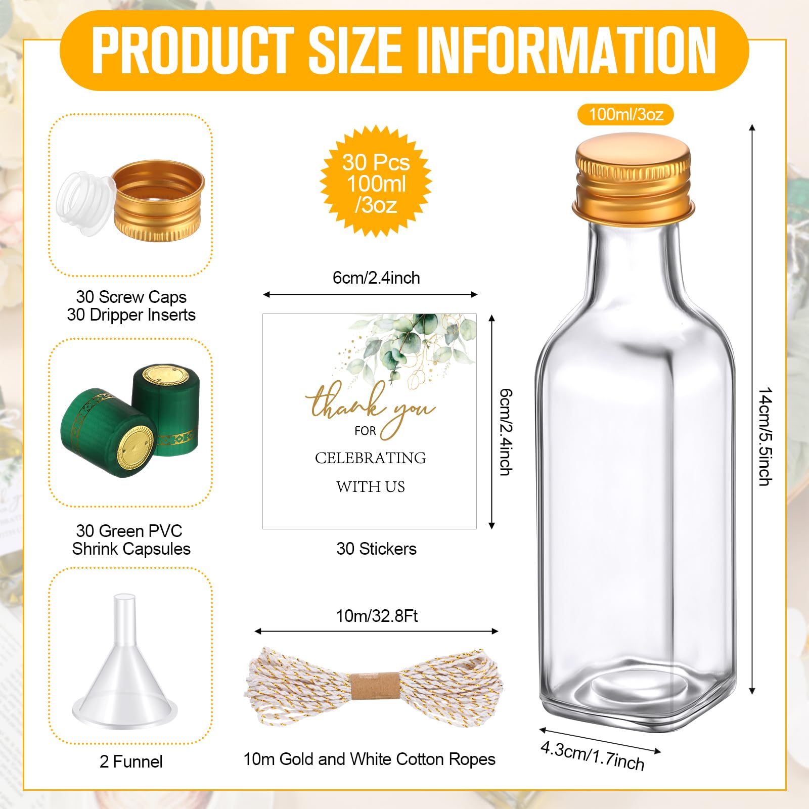 Reallnaive 30 Pack 3 oz Mini Glass Olive Oil Bottles Set, Homemade Wedding Sauce Gift Bottles Leakproof Screw Cap, Thank You Wedding Stickers for Storing Oil Honey Bridal Baby Shower Favors (Green)
