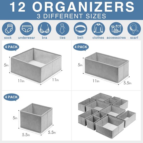 Criusia Drawer Organizer - 12 Pack Clothes Storage Bins for Nursery & Bedroom - Grey Drawer Dividers for Socks, Underwear & Accessories