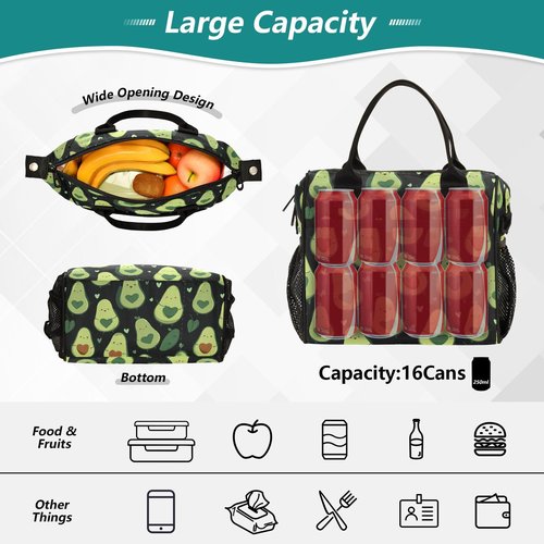 Aslsiy Cute Pattern Avocado Lunch Bag for Girls Boys Kids Insulated Lunch Bags Women Tote Bag for Office School M