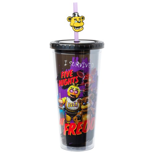 Silver Buffalo Five Nights at Freddy's Plastic Cold Cup with Lid and Straw Topper Featuring Freddy Fazbear, Foxy, Chica, and Bonnie, 24 Ounces