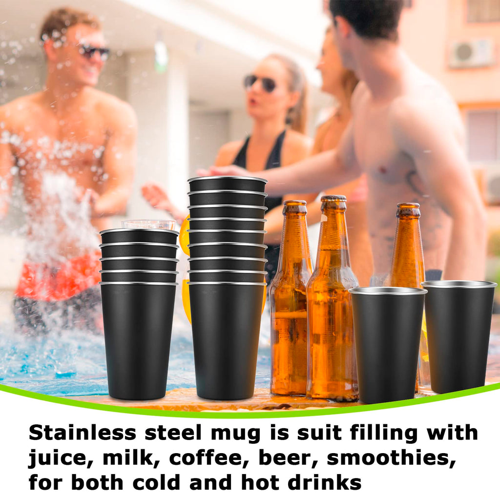 Mimorou 20 Pack Stainless Steel Pint Cups Metal Cups Unbreakable Drinking Water Tumblers Stackable Tumbler for Adults Bar Home Restaurant Travel Picnic Camping Outdoor (Black,16 oz)