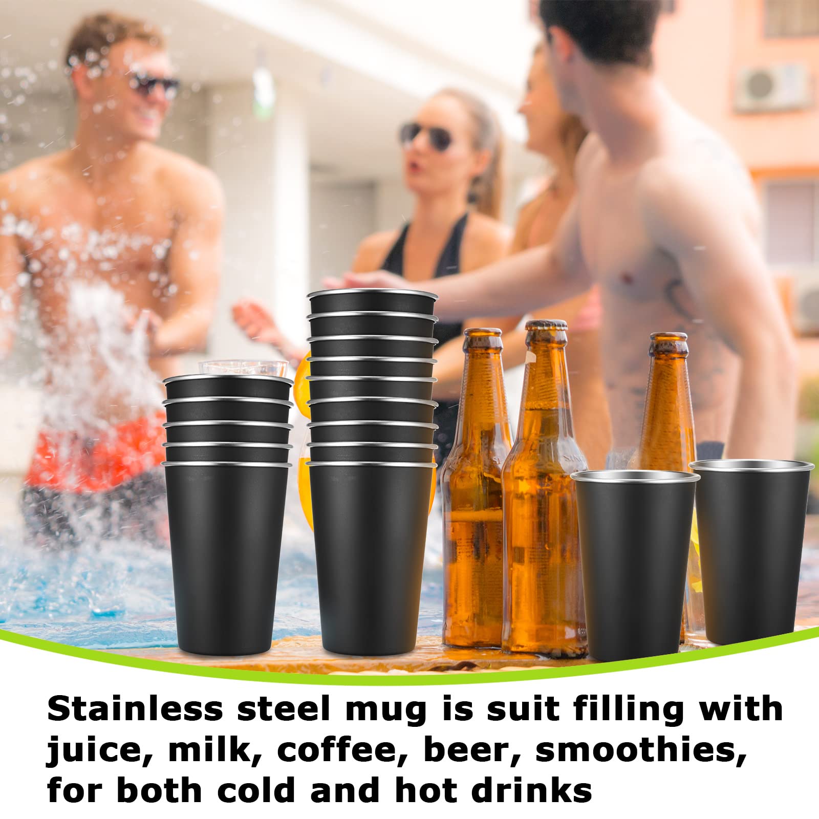 Mimorou 20 Pack Stainless Steel Pint Cups Metal Cups Unbreakable Drinking Water Tumblers Stackable Tumbler for Adults Bar Home Restaurant Travel Picnic Camping Outdoor (Black,16 oz)