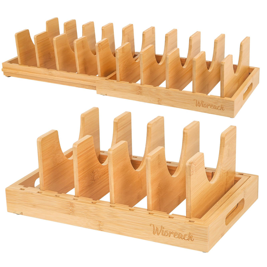 Wisreach Bamboo Pot Lid Organizer, Adjustable Kitchen Organizer for Cabinet, Expandable Pot and Pan Storage Rack, Kitchen Organization for Lids, Bakeware, and Cutting Boards
