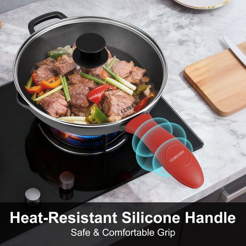 CUISGUSTO 12 Inch Cast Iron Skillet with Tempered Glass Lid, Pre-Seasoned for Consistent Heating, Silicone Handle Cover & Pan Scraper, Ideal for Holiday Cooking & Gifting