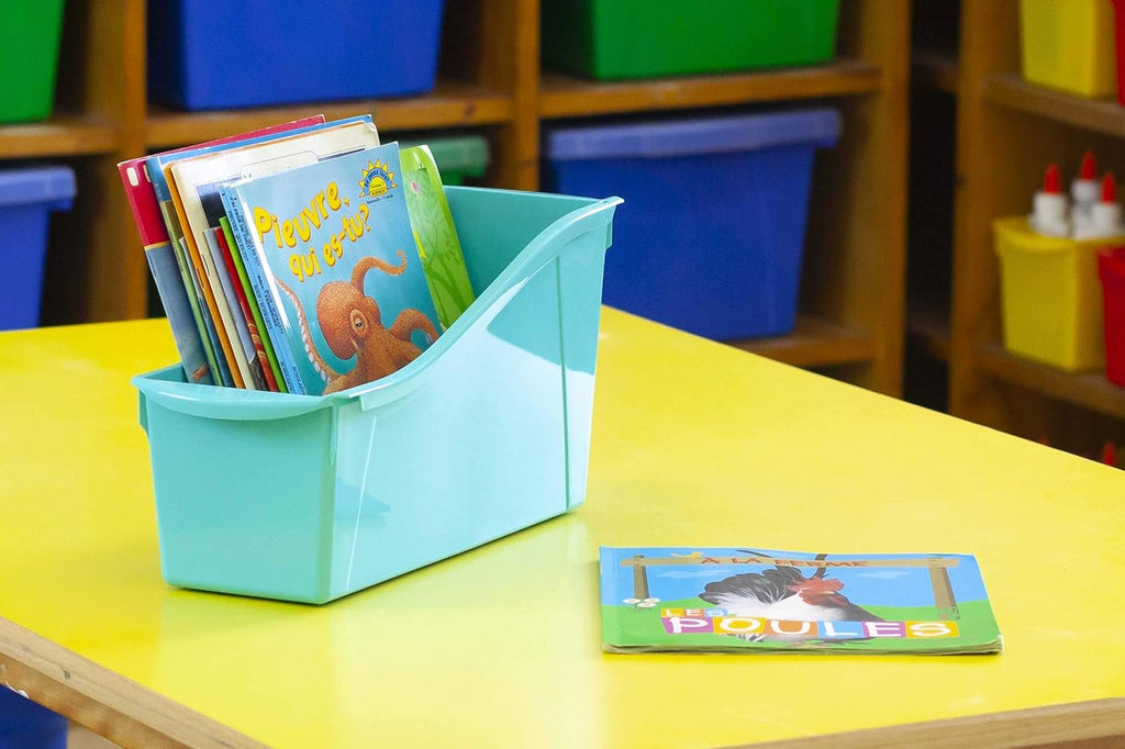 Storex Large Book Bin - Interlocking Plastic Organizer for Home & Office | Teal, 6-Pack (71120U06C)