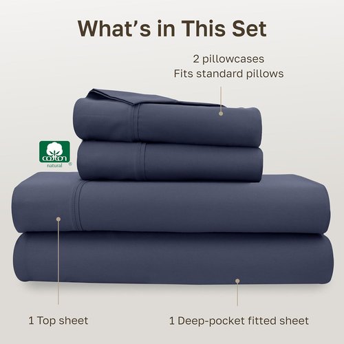 California Design Den Full Size Bed Sheets Set - 100% Cotton, 400 TC, Smooth Sateen Finish, Deep Pockets - Indigo Dusty Blue