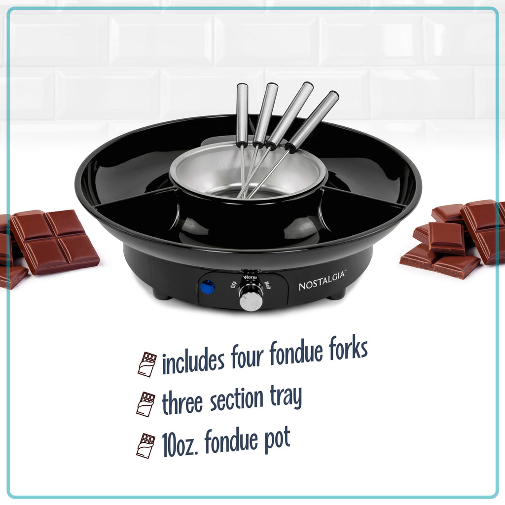 Nostalgia Electric Fondue Party Set – 10 oz Melting Pot, 4 Roasting Forks, & Detachable Serving Tray – Melted Cheese, Chocolate, or Dessert – Perfect for Gifts, Parties, Date Night – Black